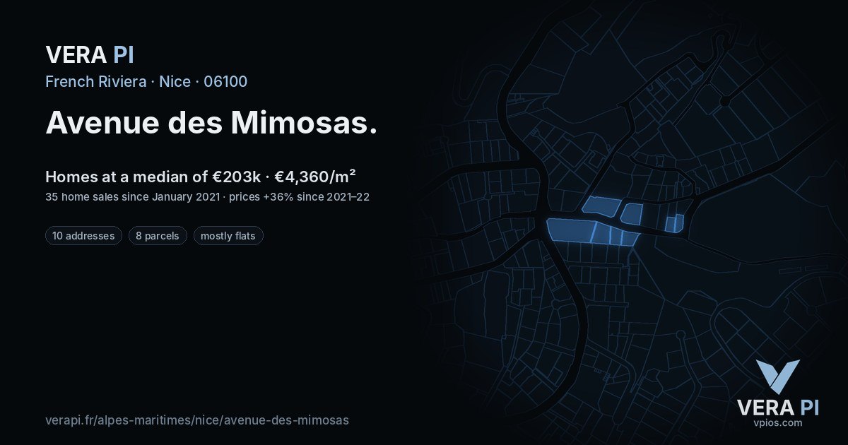 Avenue des Mimosas, Nice at night – every parcel coloured by the prices around it, the street's own parcels lit