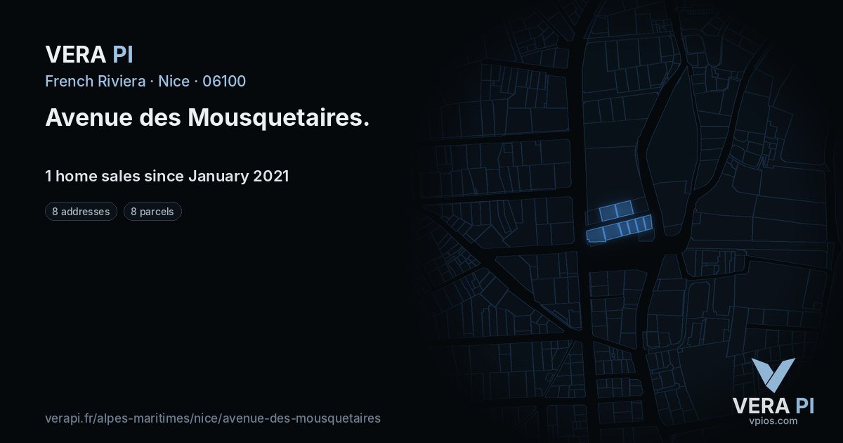Avenue des Mousquetaires, Nice at night – every parcel coloured by the prices around it, the street's own parcels lit