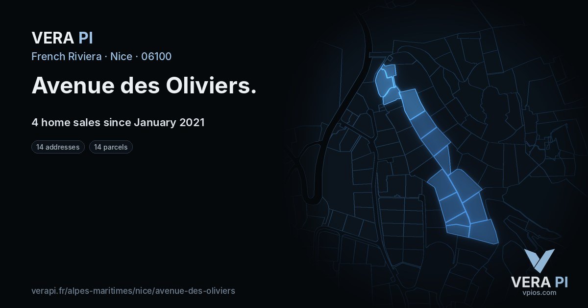 Avenue des Oliviers, Nice at night – every parcel coloured by the prices around it, the street's own parcels lit