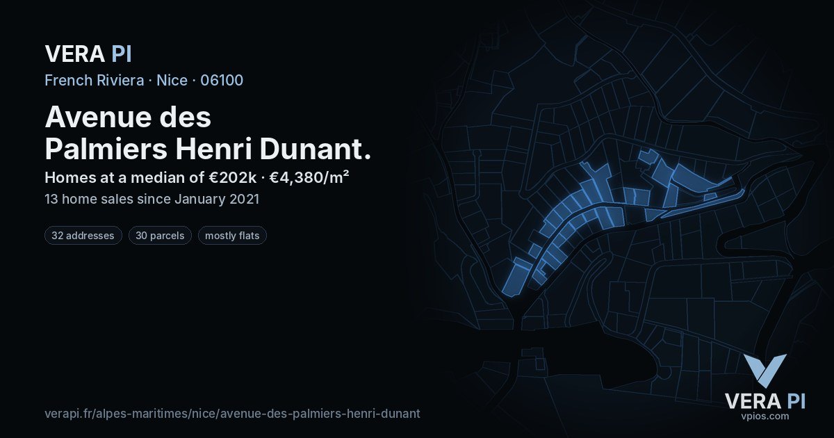Avenue des Palmiers Henri Dunant, Nice at night – every parcel coloured by the prices around it, the street's own parcels lit