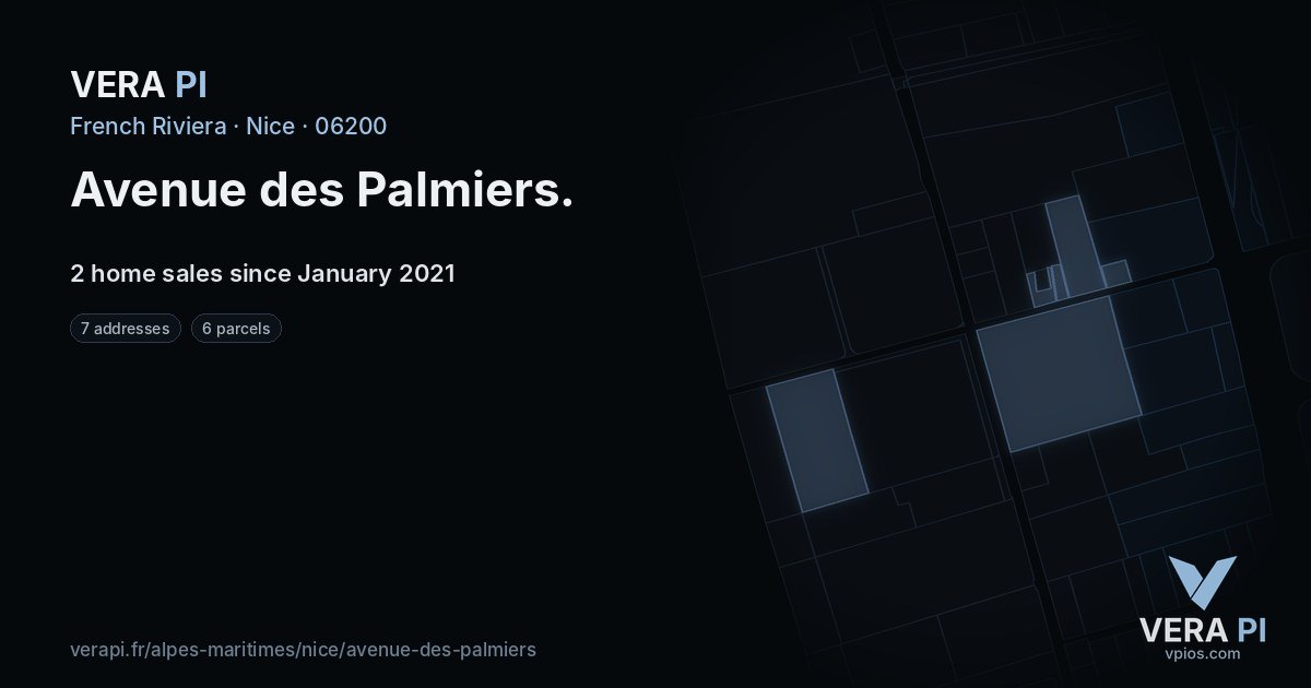 Avenue des Palmiers, Nice at night – every parcel coloured by the prices around it, the street's own parcels lit