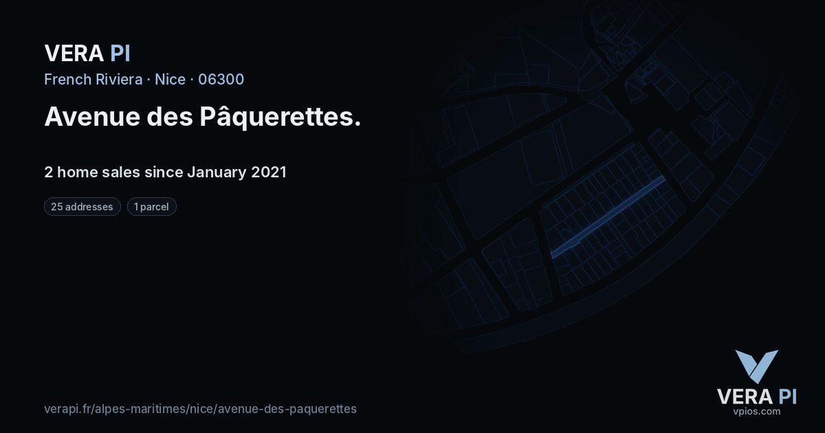 Avenue des Pâquerettes, Nice at night – every parcel coloured by the prices around it, the street's own parcels lit