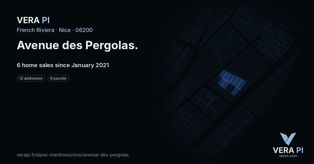Avenue des Pergolas, Nice at night – every parcel coloured by the prices around it, the street's own parcels lit