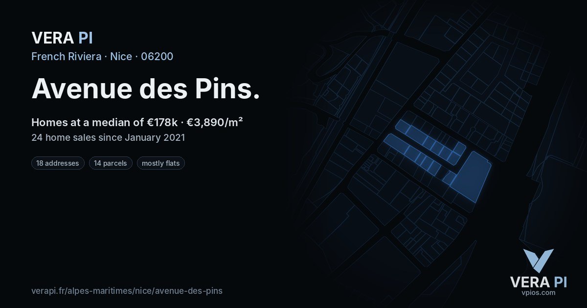 Avenue des Pins, Nice at night – every parcel coloured by the prices around it, the street's own parcels lit