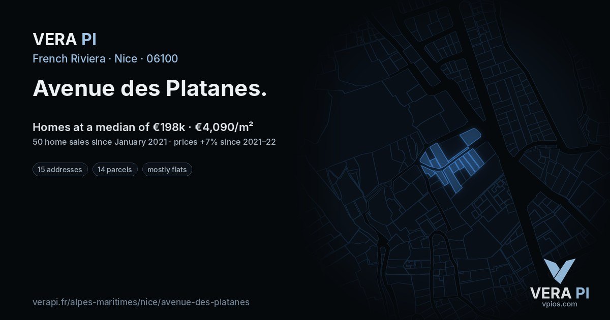 Avenue des Platanes, Nice at night – every parcel coloured by the prices around it, the street's own parcels lit