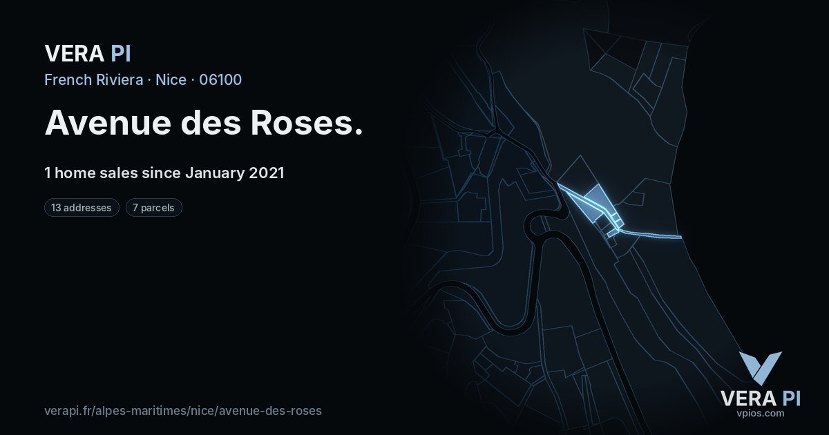 Avenue des Roses, Nice at night – every parcel coloured by the prices around it, the street's own parcels lit
