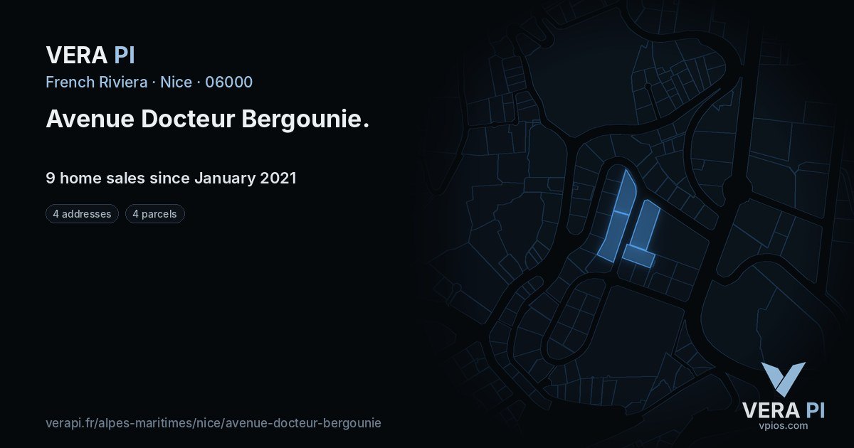 Avenue Docteur Bergounie, Nice at night – every parcel coloured by the prices around it, the street's own parcels lit