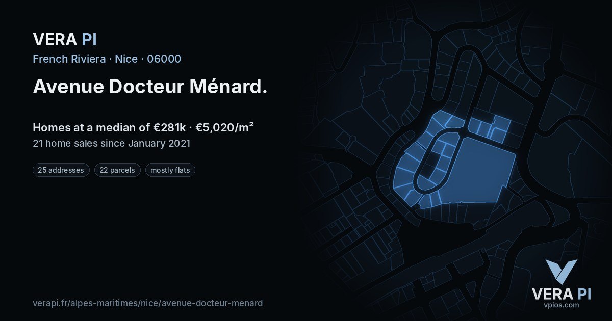 Avenue Docteur Ménard, Nice at night – every parcel coloured by the prices around it, the street's own parcels lit