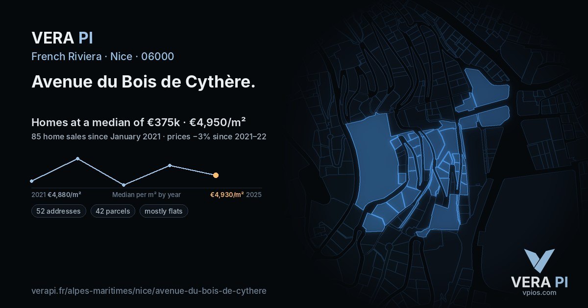 Avenue du Bois de Cythère, Nice at night – every parcel coloured by the prices around it, the street's own parcels lit