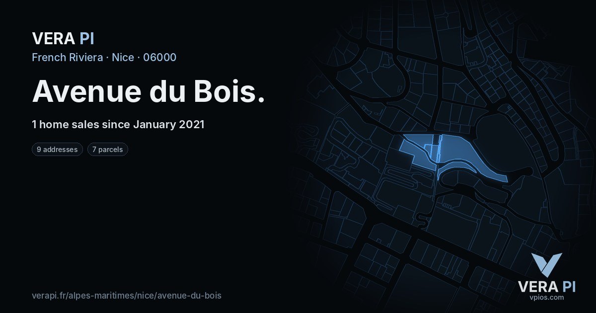 Avenue du Bois, Nice at night – every parcel coloured by the prices around it, the street's own parcels lit