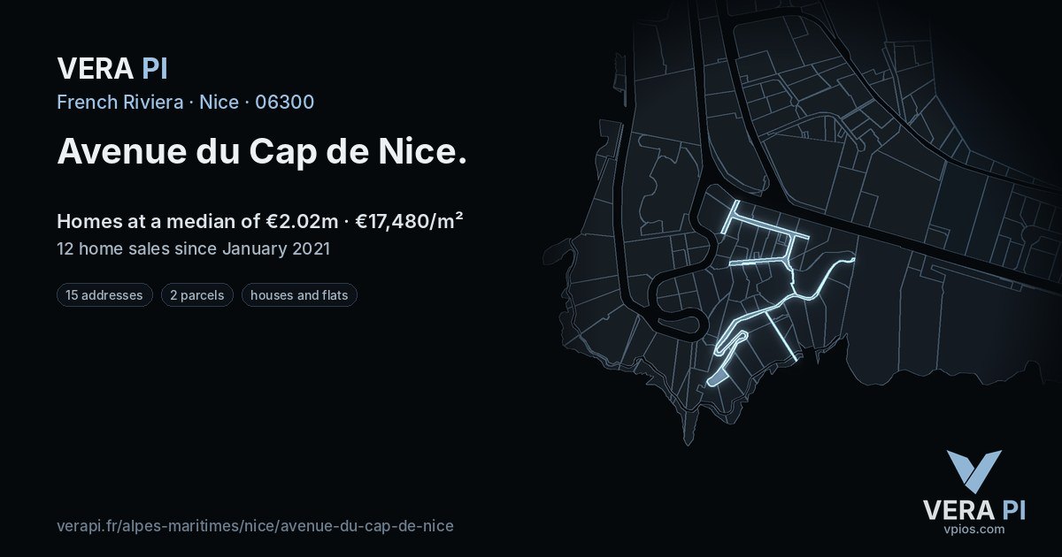 Avenue du Cap de Nice, Nice at night – every parcel coloured by the prices around it, the street's own parcels lit
