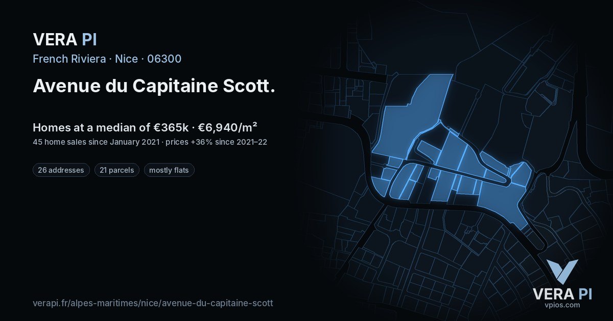 Avenue du Capitaine Scott, Nice at night – every parcel coloured by the prices around it, the street's own parcels lit