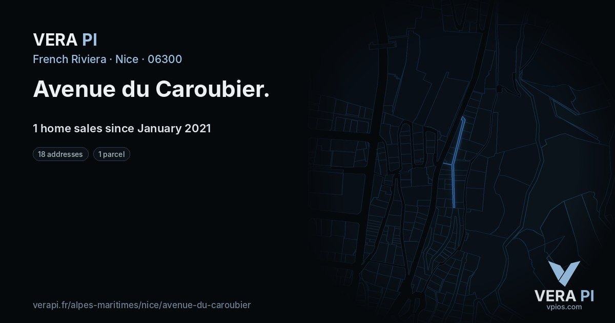 Avenue du Caroubier, Nice at night – every parcel coloured by the prices around it, the street's own parcels lit