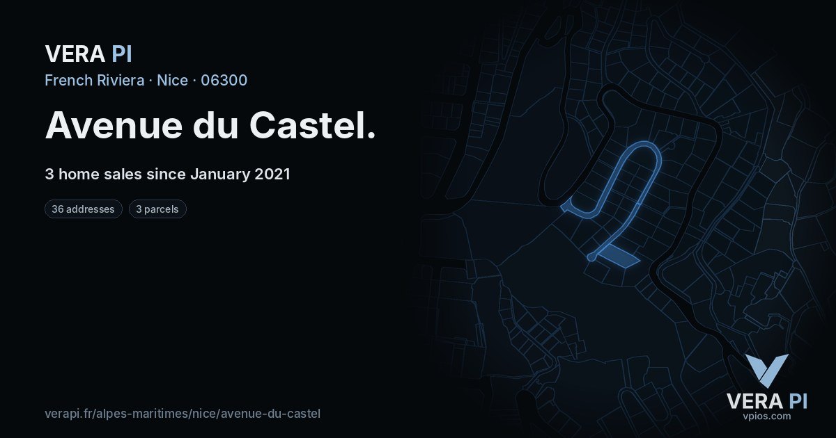 Avenue du Castel, Nice at night – every parcel coloured by the prices around it, the street's own parcels lit