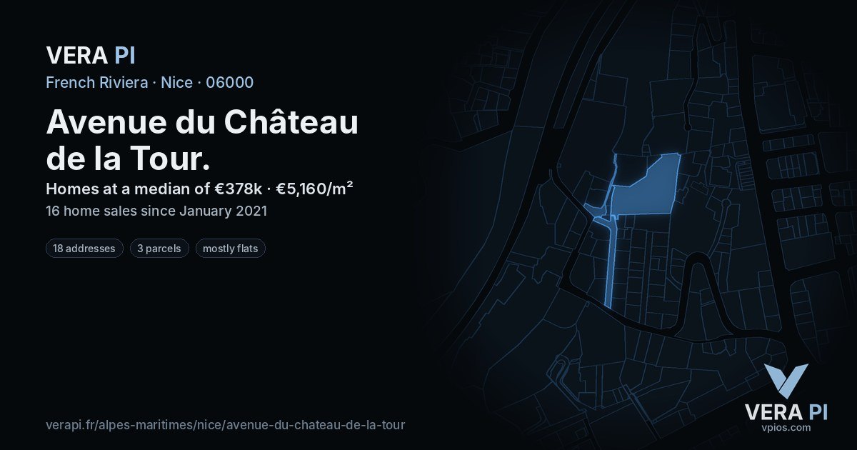 Avenue du Château de la Tour, Nice at night – every parcel coloured by the prices around it, the street's own parcels lit