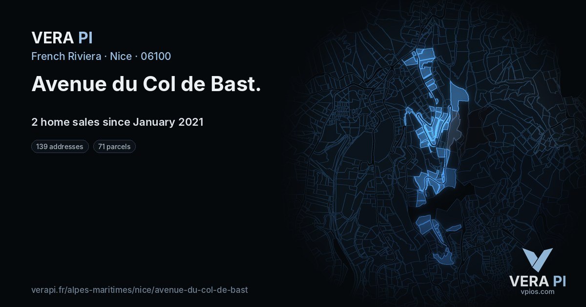 Avenue du Col de Bast, Nice at night – every parcel coloured by the prices around it, the street's own parcels lit