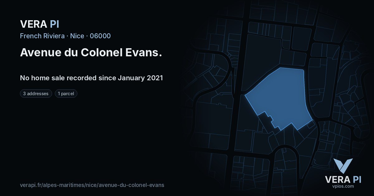 Avenue du Colonel Evans, Nice at night – every parcel coloured by the prices around it, the street's own parcels lit