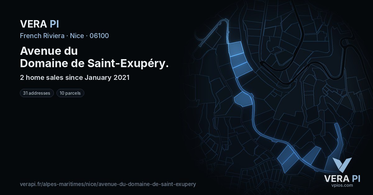 Avenue du Domaine de Saint-Exupéry, Nice at night – every parcel coloured by the prices around it, the street's own parcels lit