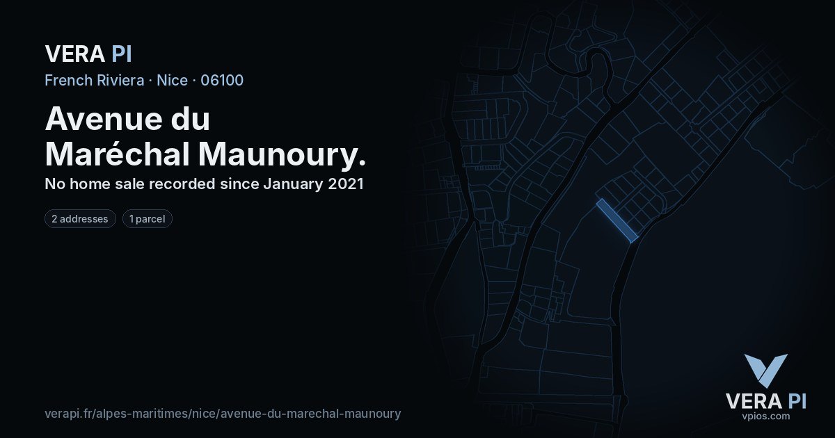 Avenue du Maréchal Maunoury, Nice at night – every parcel coloured by the prices around it, the street's own parcels lit
