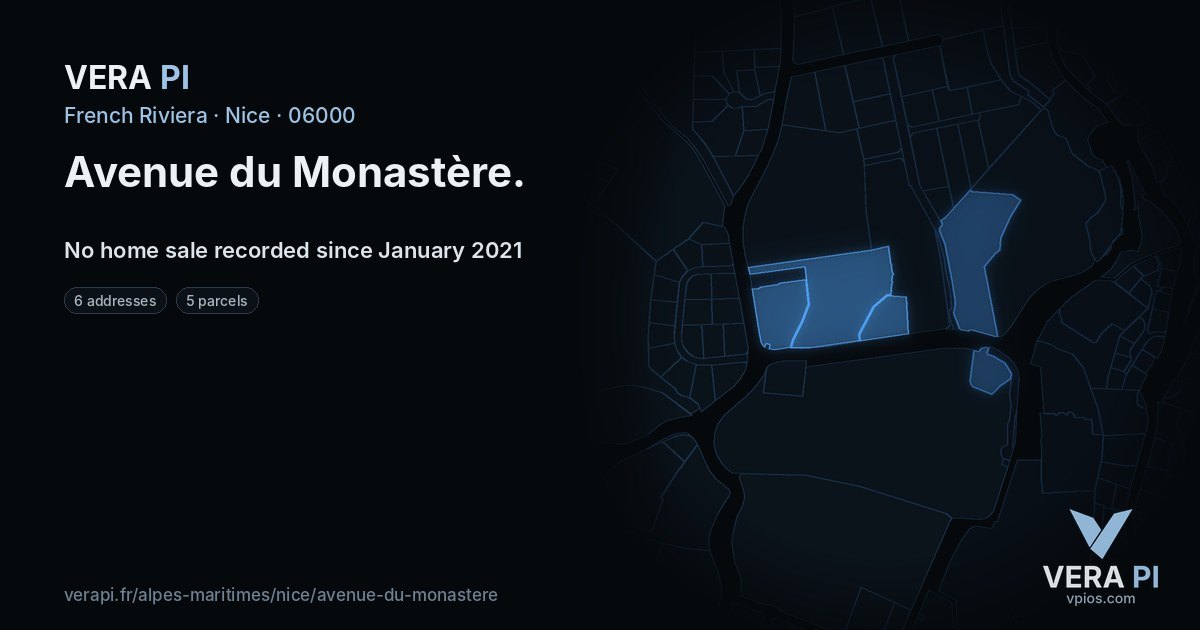 Avenue du Monastère, Nice at night – every parcel coloured by the prices around it, the street's own parcels lit
