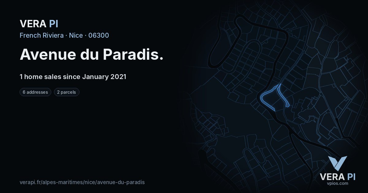Avenue du Paradis, Nice at night – every parcel coloured by the prices around it, the street's own parcels lit