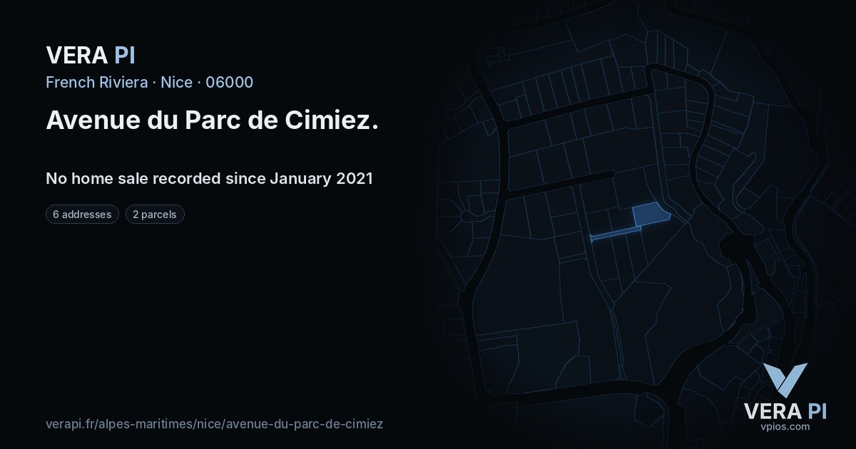 Avenue du Parc de Cimiez, Nice at night – every parcel coloured by the prices around it, the street's own parcels lit