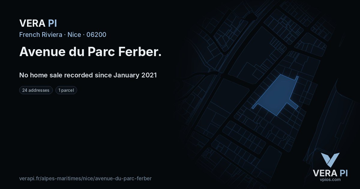 Avenue du Parc Ferber, Nice at night – every parcel coloured by the prices around it, the street's own parcels lit