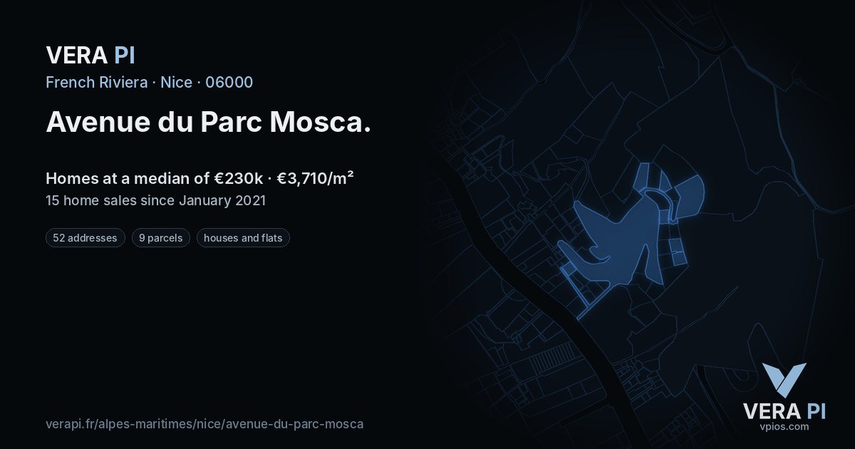 Avenue du Parc Mosca, Nice at night – every parcel coloured by the prices around it, the street's own parcels lit