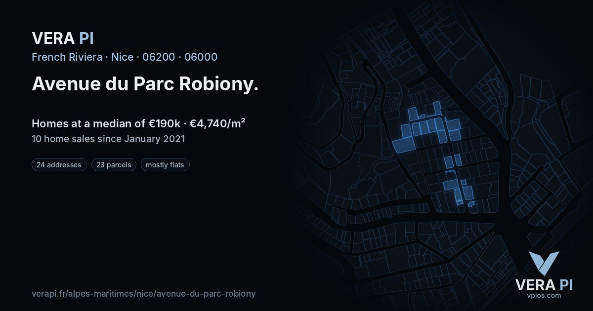 Avenue du Parc Robiony, Nice at night – every parcel coloured by the prices around it, the street's own parcels lit