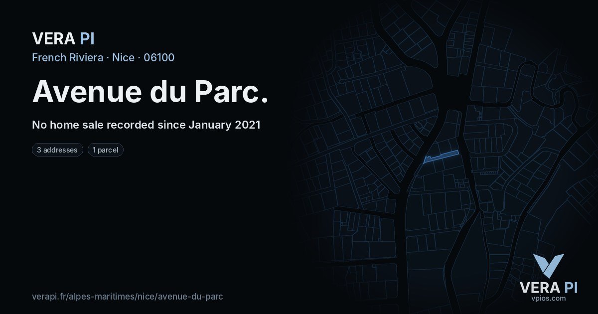 Avenue du Parc, Nice at night – every parcel coloured by the prices around it, the street's own parcels lit
