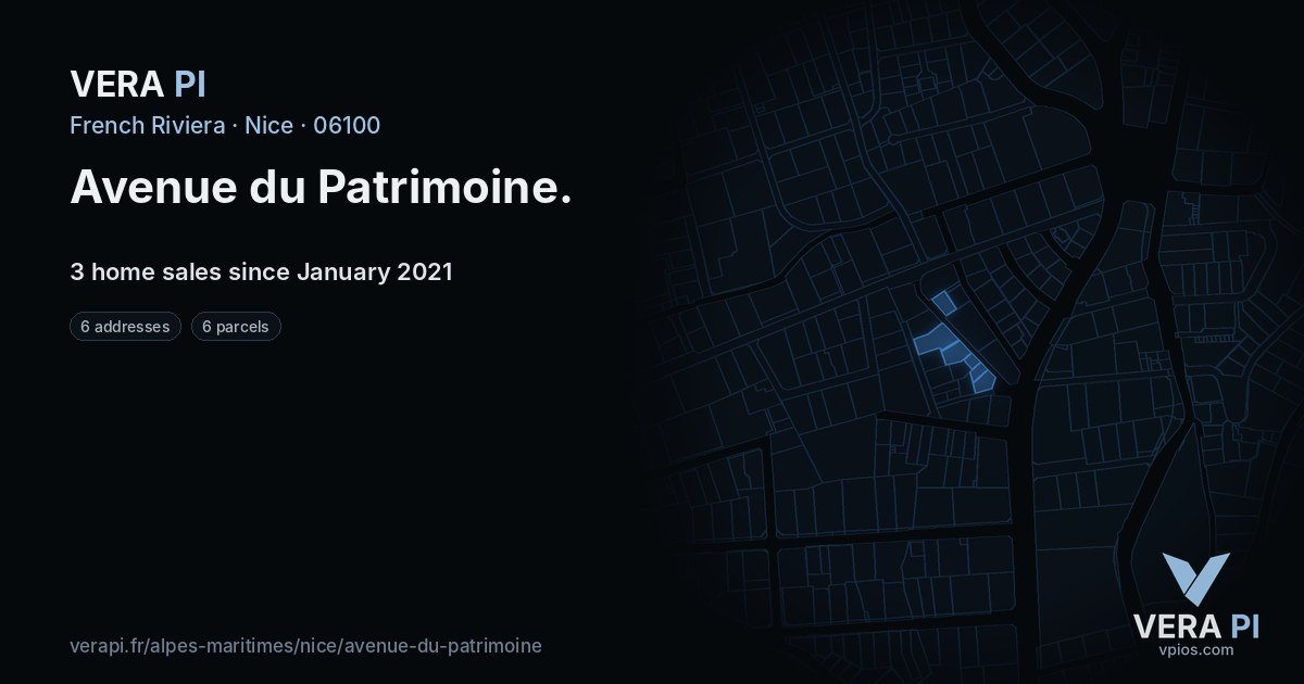 Avenue du Patrimoine, Nice at night – every parcel coloured by the prices around it, the street's own parcels lit