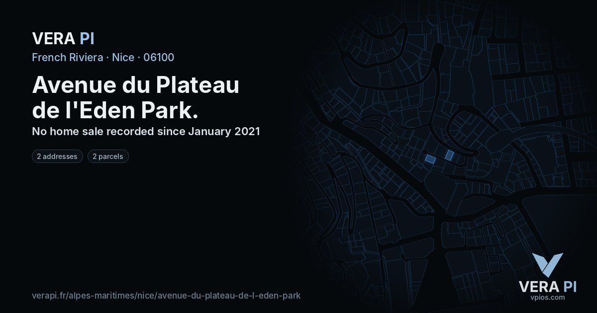 Avenue du Plateau de l'Eden Park, Nice at night – every parcel coloured by the prices around it, the street's own parcels lit