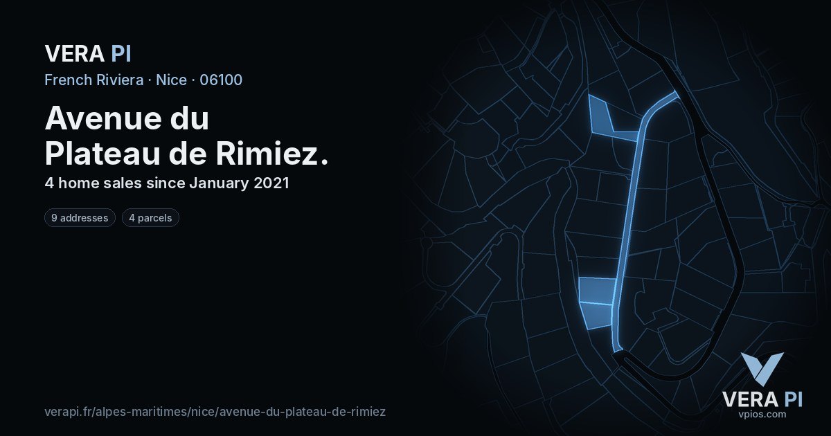 Avenue du Plateau de Rimiez, Nice at night – every parcel coloured by the prices around it, the street's own parcels lit