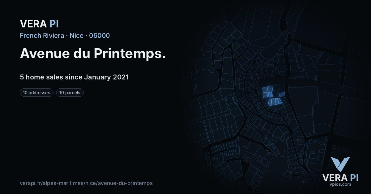 Avenue du Printemps, Nice at night – every parcel coloured by the prices around it, the street's own parcels lit
