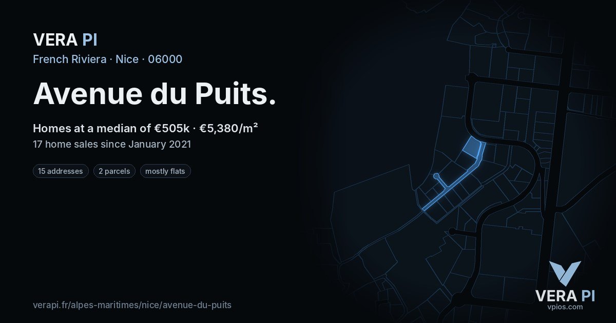 Avenue du Puits, Nice at night – every parcel coloured by the prices around it, the street's own parcels lit