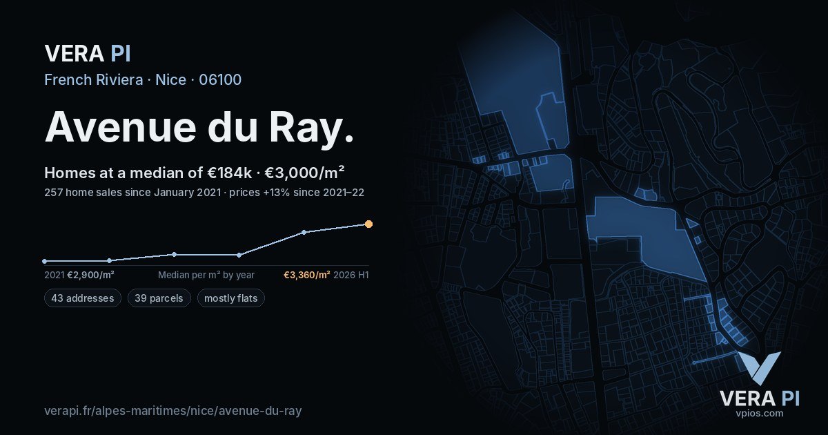 Avenue du Ray, Nice at night – every parcel coloured by the prices around it, the street's own parcels lit