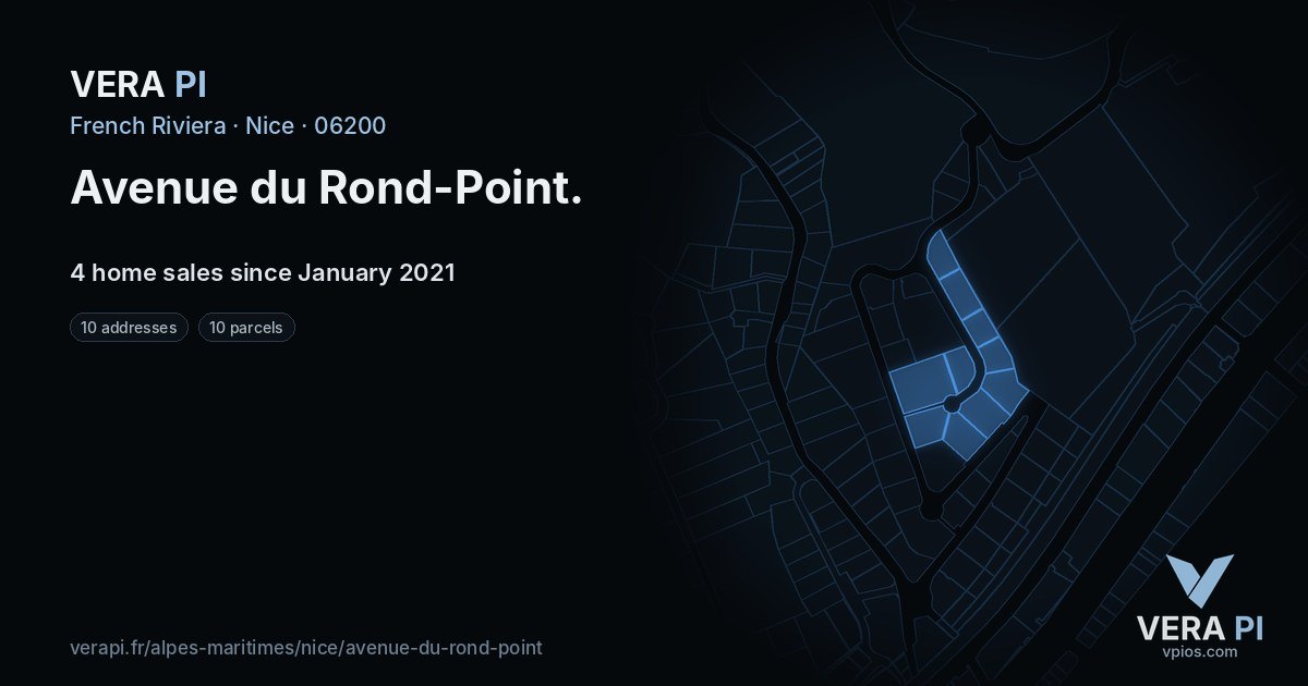 Avenue du Rond-Point, Nice at night – every parcel coloured by the prices around it, the street's own parcels lit