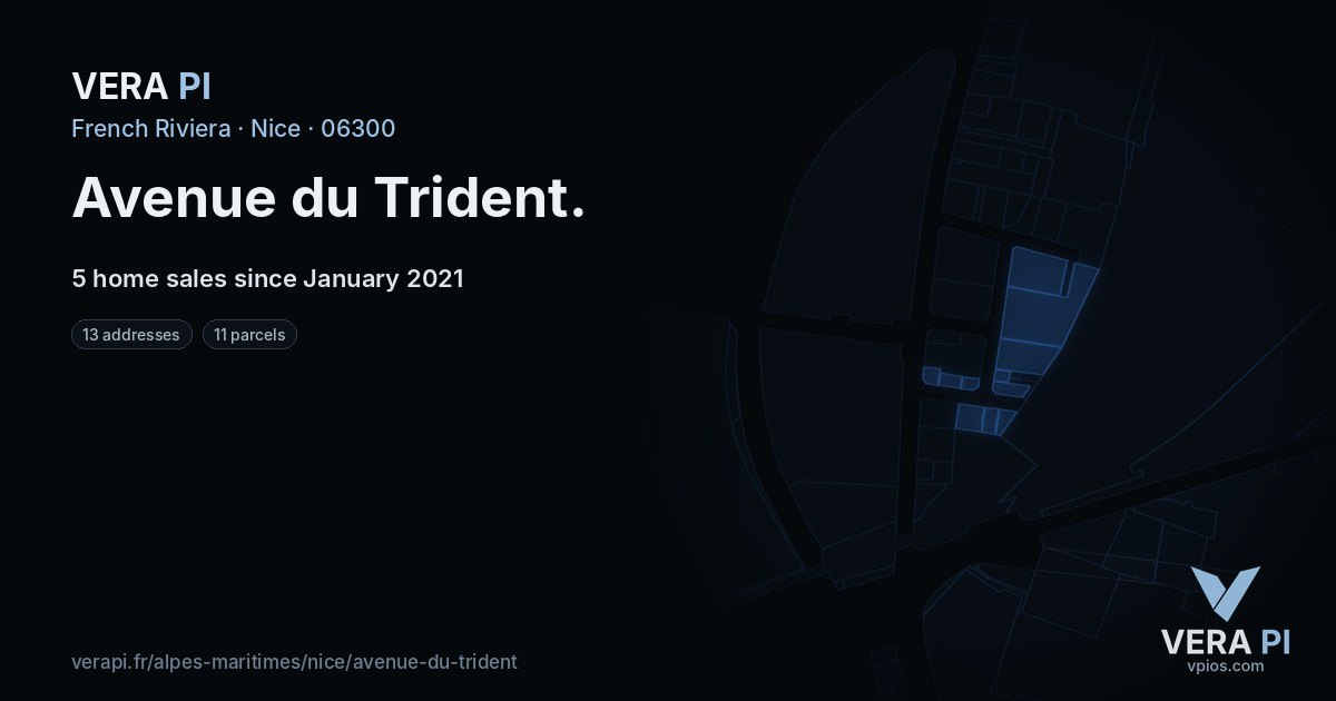 Avenue du Trident, Nice at night – every parcel coloured by the prices around it, the street's own parcels lit
