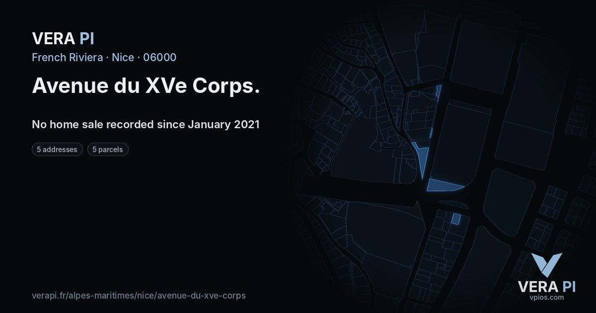 Avenue du XVe Corps, Nice at night – every parcel coloured by the prices around it, the street's own parcels lit