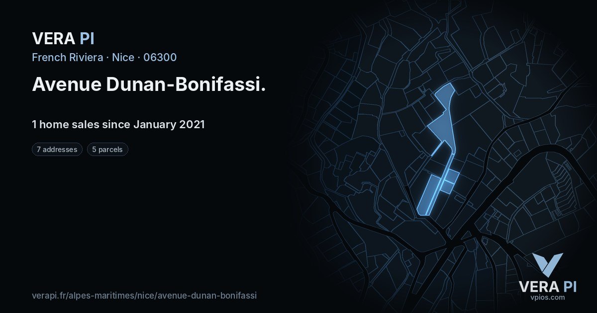 Avenue Dunan-Bonifassi, Nice at night – every parcel coloured by the prices around it, the street's own parcels lit