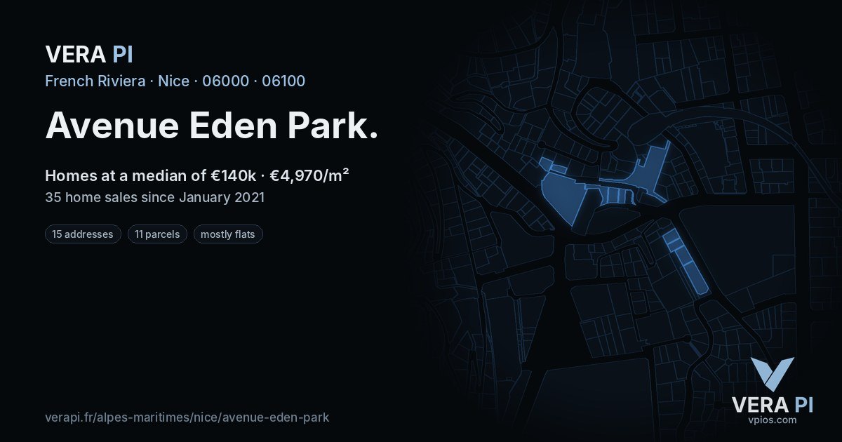Avenue Eden Park, Nice at night – every parcel coloured by the prices around it, the street's own parcels lit