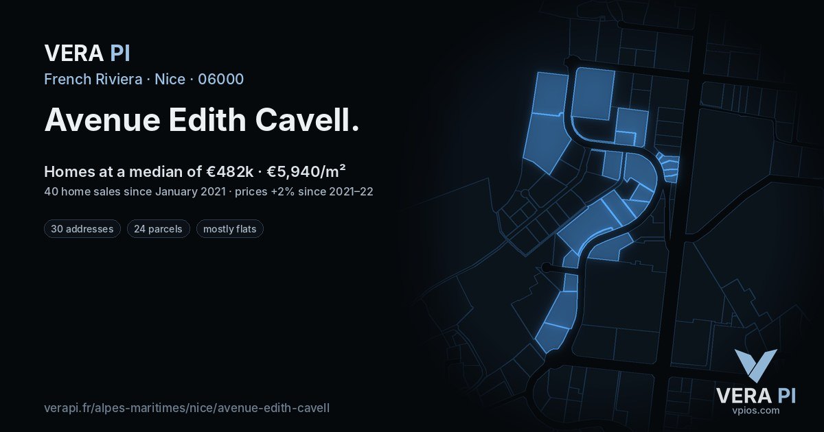 Avenue Edith Cavell, Nice at night – every parcel coloured by the prices around it, the street's own parcels lit