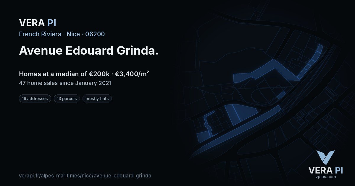 Avenue Edouard Grinda, Nice at night – every parcel coloured by the prices around it, the street's own parcels lit