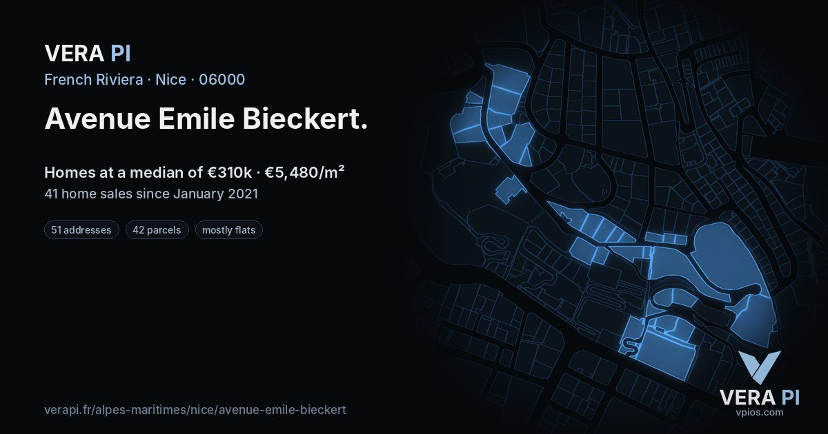 Avenue Emile Bieckert, Nice at night – every parcel coloured by the prices around it, the street's own parcels lit