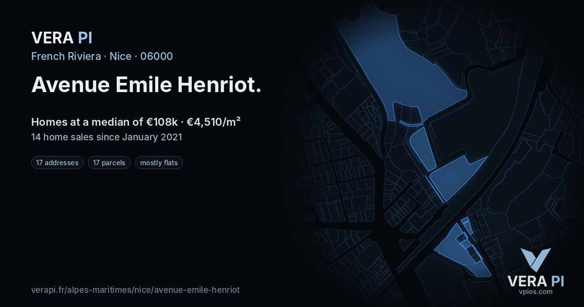 Avenue Emile Henriot, Nice at night – every parcel coloured by the prices around it, the street's own parcels lit
