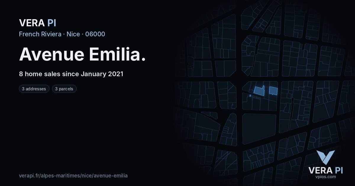 Avenue Emilia, Nice at night – every parcel coloured by the prices around it, the street's own parcels lit