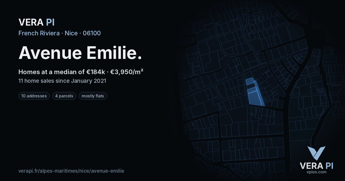 Avenue Emilie, Nice at night – every parcel coloured by the prices around it, the street's own parcels lit