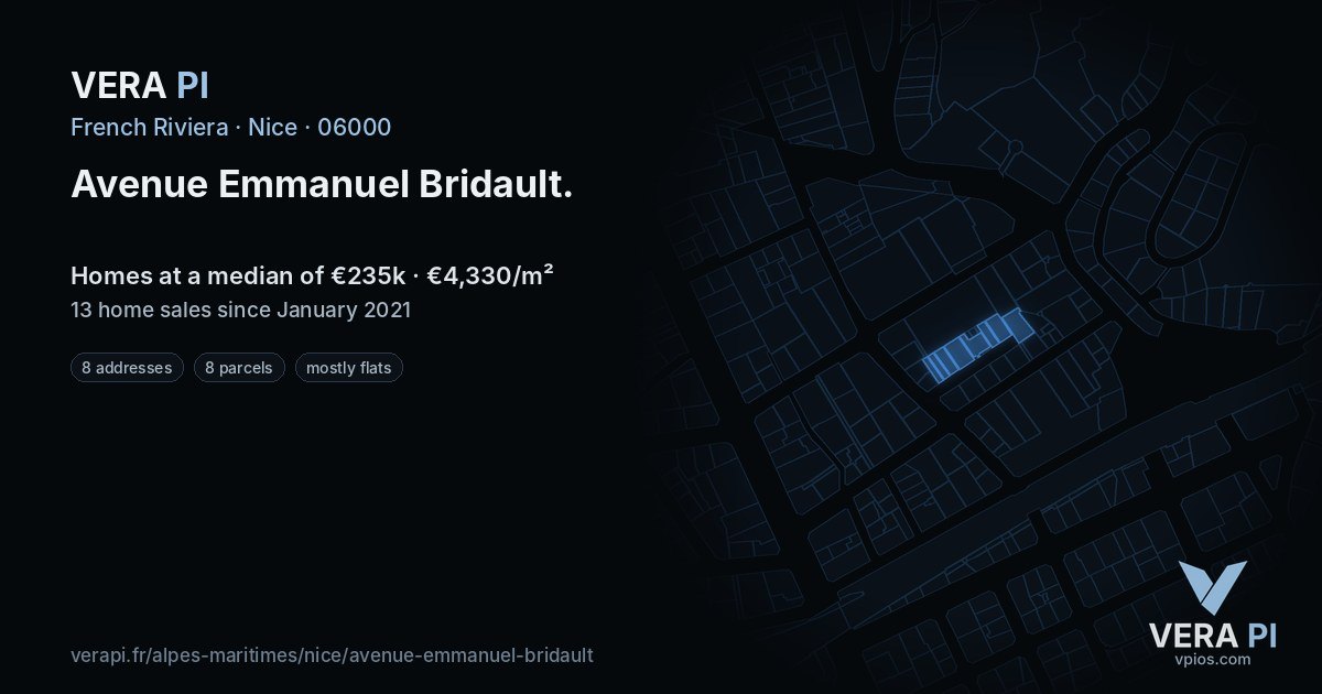 Avenue Emmanuel Bridault, Nice at night – every parcel coloured by the prices around it, the street's own parcels lit