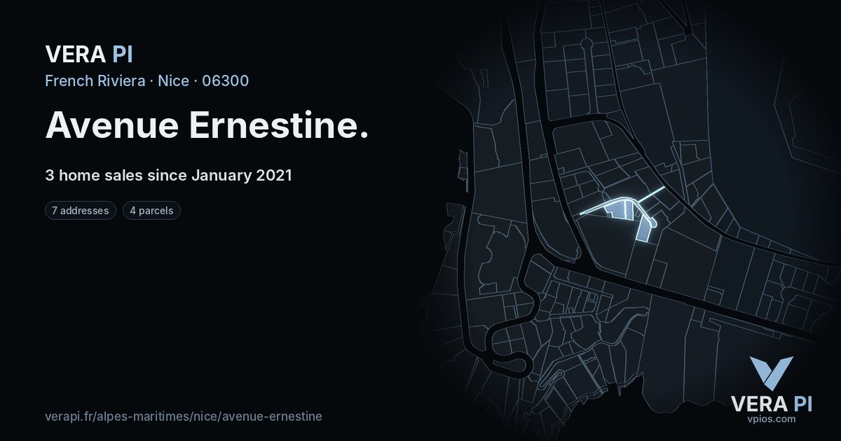 Avenue Ernestine, Nice at night – every parcel coloured by the prices around it, the street's own parcels lit