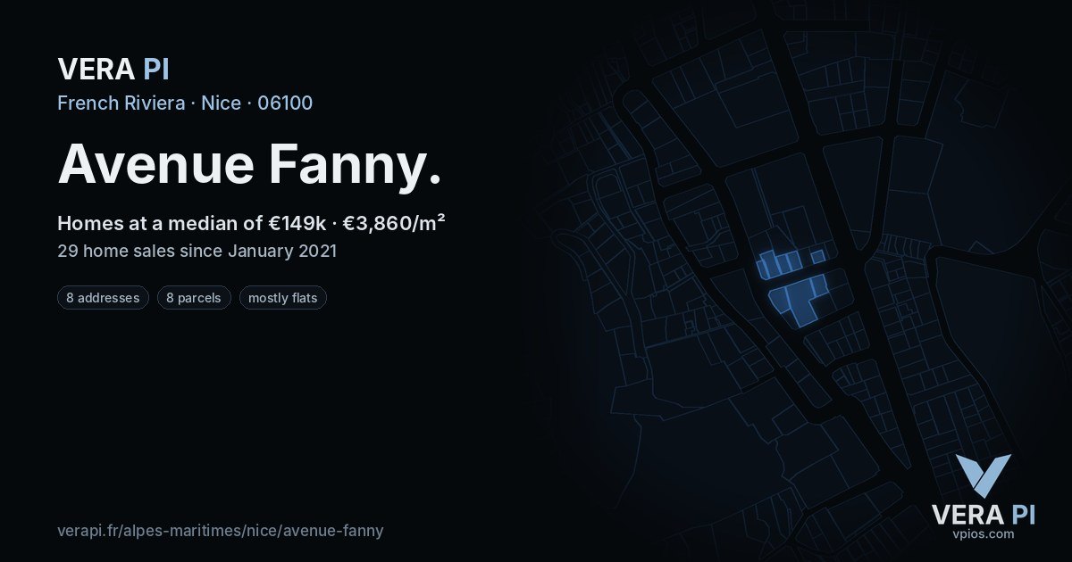 Avenue Fanny, Nice at night – every parcel coloured by the prices around it, the street's own parcels lit